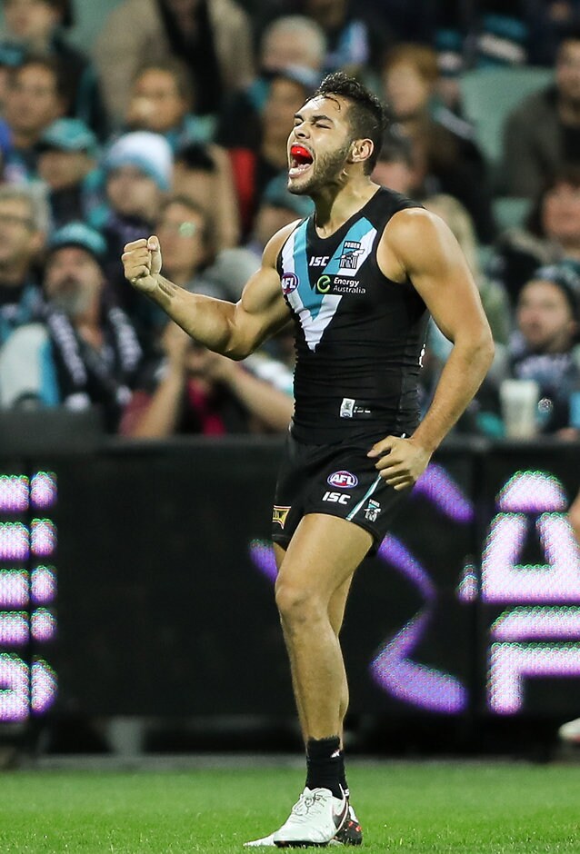 AFL 2016 Rd 07 - Port Adelaide v Brisbane ADELAIDE, AUSTRALIA - MAY 8: Jarman Impey of the Power celebrates a goal during the 2016 AFL Round 07 match between Port Adelaide Power and the Brisbane Lions at the Adelaide Oval, Adelaide on May 8, 2016. (Photo by AFL Media)